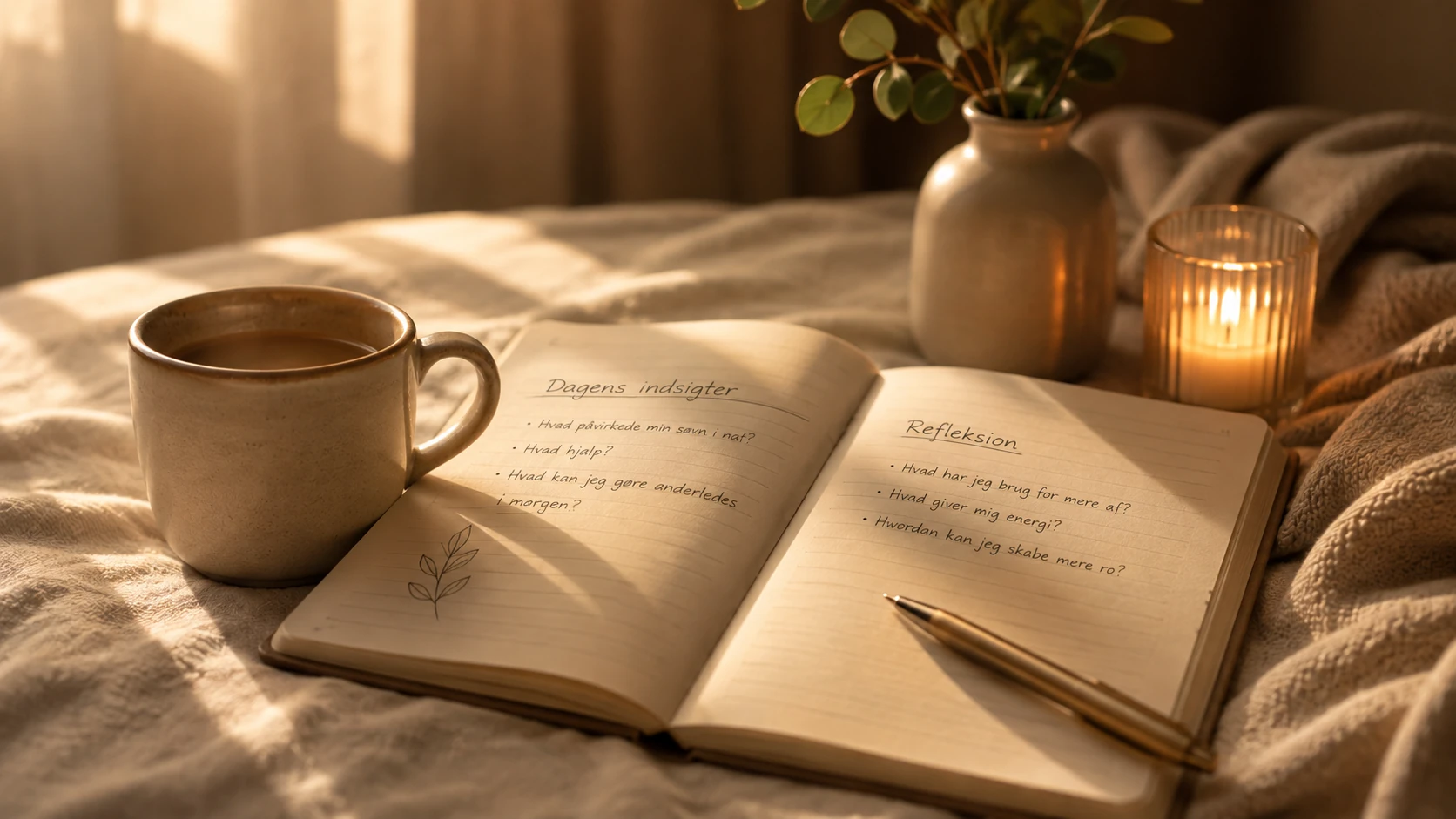 Åben søvndagbog med dagens indsigter og refleksion, en kop kaffe og et tændt lys i morgenlys